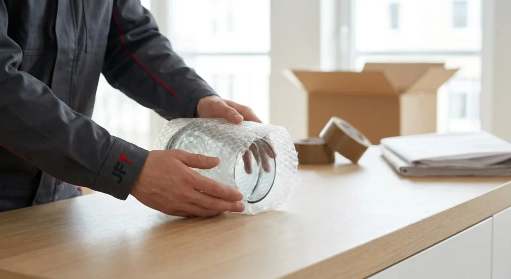 Nedpakning af glas i bobleplast